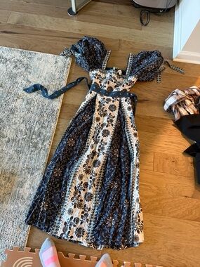 Cleobella Navy and Cream Floral Tie-Waist Maxi Dress
